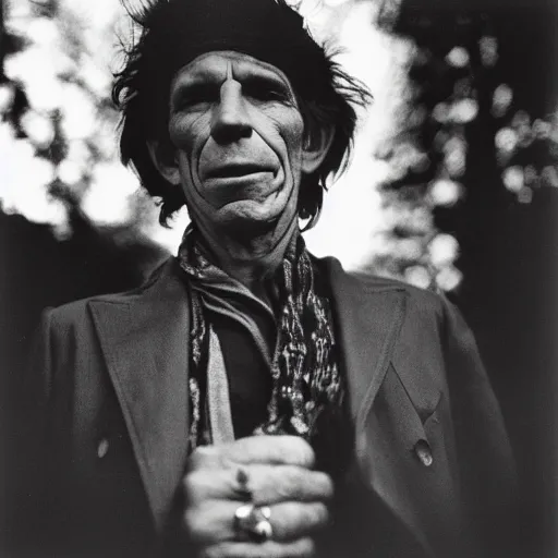 Prompt: photo of Keith Richards by Diane Arbus, black and white, high contrast, Rolleiflex, 55mm f/4 lens