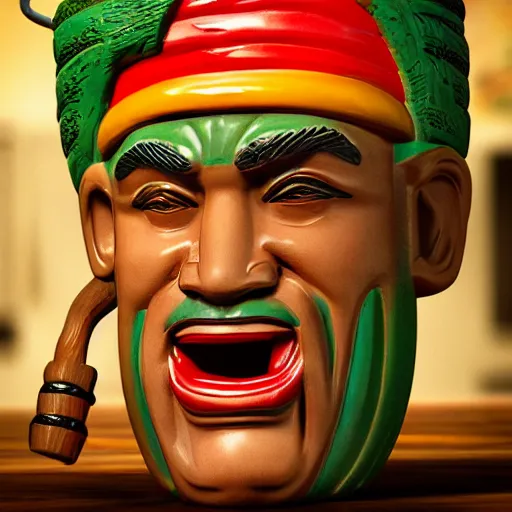 Image similar to a photorealistic photograph of a Trader Vic's tiki mug featuring joyful Johnny Depp at a Tiki bar - Trending on Artstation, featured on Behance, well-rendered, Unreal Engine, 4K HD