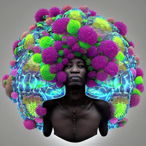 Prompt: african shaman with an afro made of flowers, third eye art art by machina infinitum, complexity from simplicity, rendered in octane, mandelbulb 3 d, ambient occlusion, macro photography, black opal