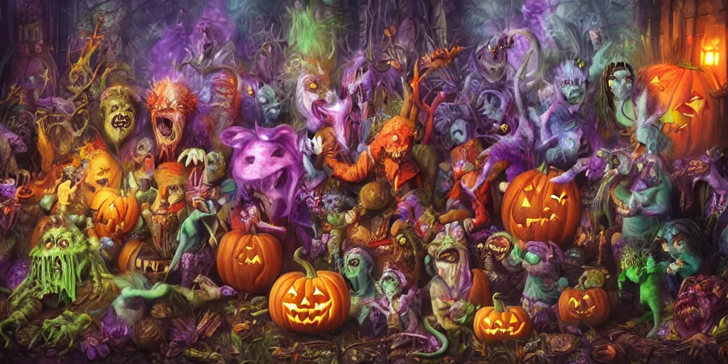 Image similar to the most awesome monster party at halloween by brian froud and artgerm, dripping, hyper-realistic, bright and colorful, octane render, 8k, extremely detailed, photorealistic, horror, cinematic