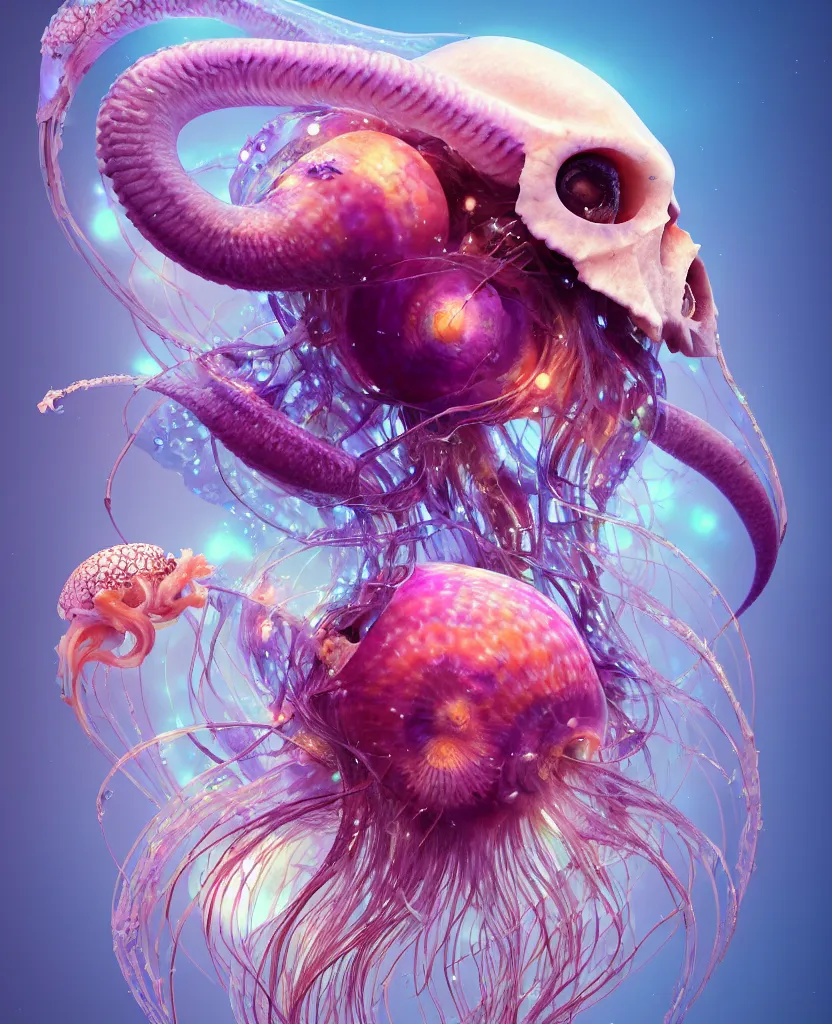 Image similar to goddess princess face close-up portrait ram skull. jellyfish phoenix head, nautilus, orchid, skull, betta fish, bioluminiscent creatures, intricate artwork by Tooth Wu and wlop and beeple. octane render, trending on artstation, greg rutkowski very coherent symmetrical artwork. cinematic, hyper realism, high detail, octane render, 8k