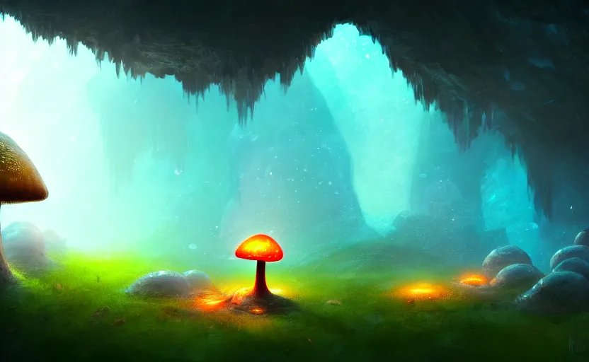 Image similar to a blurry ambient glowing mushroom in the distance of a giant cave, crystals, dynamic lighting, ambient lighting, atmospherical, photorealistic fantasy concept art, trending on art station, stunning visuals, creative, cinematic, ultra detailed