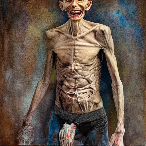 Image similar to death-camp-survivor-super-skinny-emaciated-horribly-skinny-Laughing-Painfully-at-himself painting by Thomas-Montacellinio