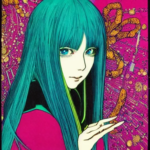 Prompt: hatsune miku, long teal hair, artwork by Harry Clarke, highly detailed