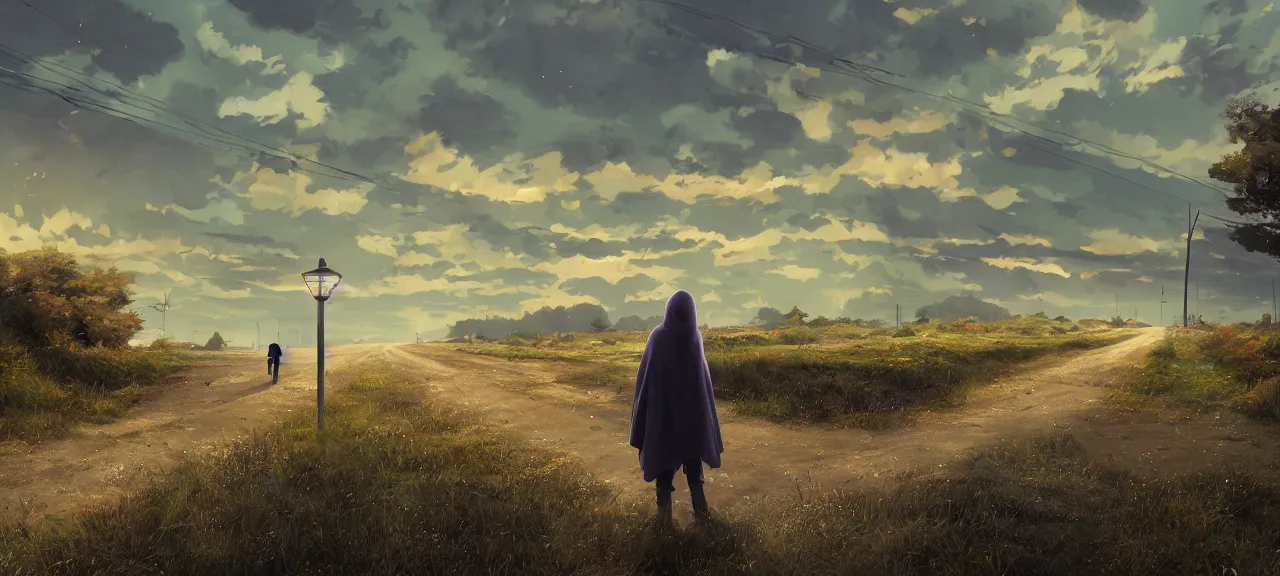 Prompt: a cloaked adventure standing in a highway going the middle of a country field, gas street lamps. Country road, country landscape, fields, fields, occasional small rubble, desolate. digital illustration, very vibrant colors, soft lighting, adventurous, atmospheric lighting, 8K, octane render. By Makoto Shinkai, Stanley Artgerm Lau, WLOP, Rossdraws, James Jean, Andrei Riabovitchev, Marc Simonetti, krenz cushart, Sakimichan, D&D trending on ArtStation, digital art.