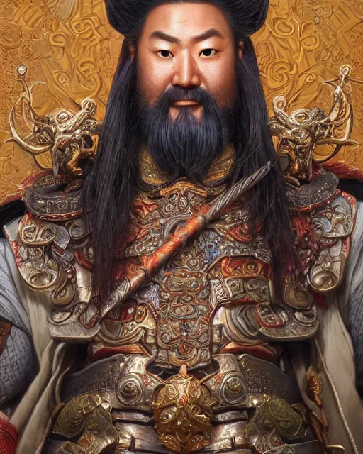 Image similar to guan yu portrait | highly detailed | very intricate | symmetrical | whimsical and magical | soft cinematic lighting | award - winning | closeup portrait | doll | painted by donato giancola and mandy jurgens and ross tran | pastel color palette | featured on artstation