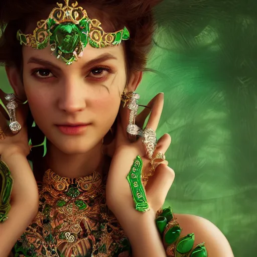 Image similar to photograph of wonderful princess with smooth fair skin, green jewelry, breathtaking, elegant, ornate, intricate, hyper detailed, accent lighting, dramatic light, 4 k octane render