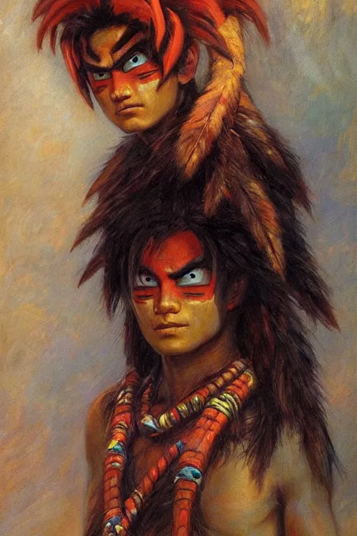 Prompt: portrait of an indigenous saiyan on their home planet. realistic portrait. art by gaston bussiere.