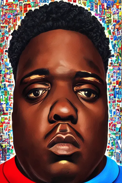 Image similar to a portrait of biggie smalls in style of rudy gutierrez, masterpiece, hyperdetailed, complex, intricate, 4 k, trending on artstation