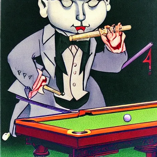 Prompt: the joker playing pool by foujita, tsuguharu, magical realism