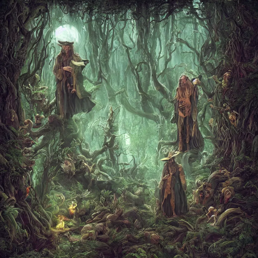 Prompt: fine portrait of an occult wizard in a fantasy forest with beings from another planet, ultra-realistic, 16K 3D, crying engine