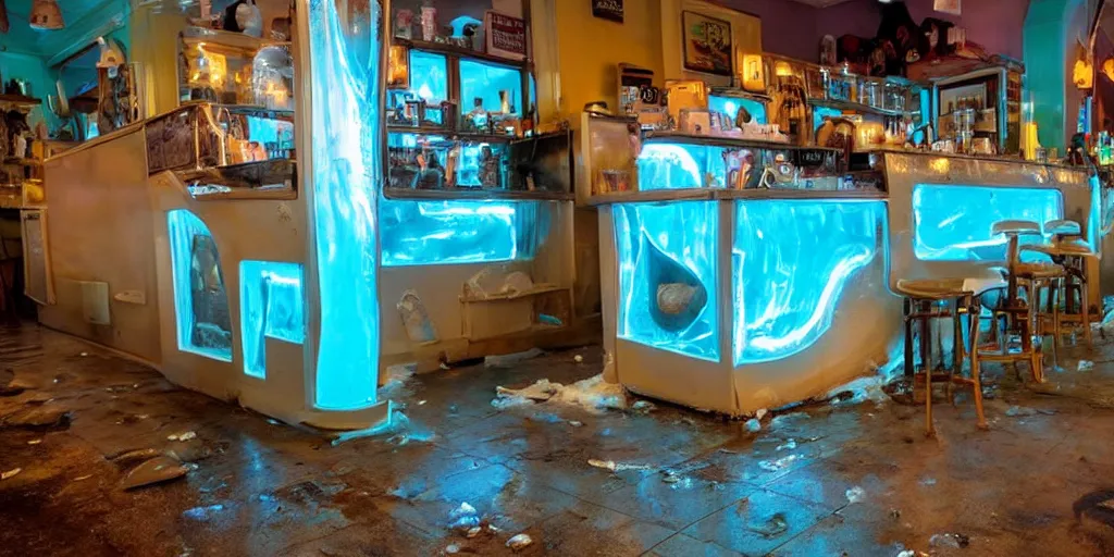 Prompt: inside a leaking freezer of melting ice cream cases is in an old fashioned ice cream parlor. the leak has made a colorful puddle of melted ice cream on the floor and is reminiscent to the shape of werewolf fangs. there is an eerie voluminous blue electric glow to the environment.