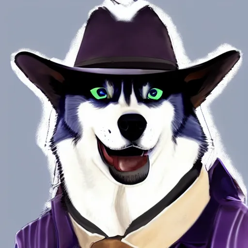 Image similar to a portrait painting of a husky in cowboy costume, wearing a cowboy hat, in the style of anime, trending on artstation