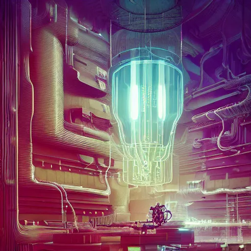 Image similar to an immaculate octane redshift render of the nexus between a vast modern computing center and an alchemist\'s lab with exposed circuit boards, nixie tubes and tesla coils by Zdzisław Beksiński and beeple, beautiful modern colors, ultradetailed, 4k ultra
