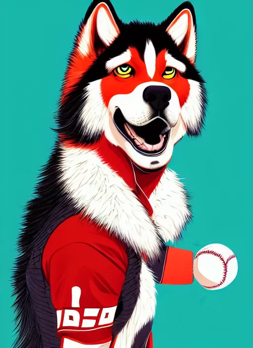 Image similar to commissioned full body portrait of a male anthro aslakan malamute with red fur playing baseball in a baseball stadium wearing a baseball uniform, by Kilian Eng, by Sandra Chevrier, trending on artstation