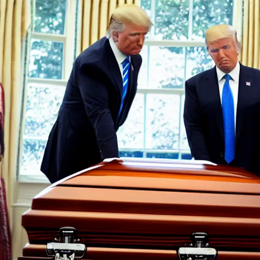 Prompt: donald trump putting secret documents into an empty casket