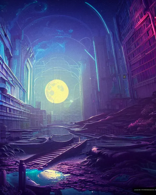 Image similar to reclaimed by nature by moon hoon, darkacademia atlantis cosmic san andreas at dawn neon signs tokyo synthwave universe, archdaily, wallpaper, highly detailed, trending on artstation.