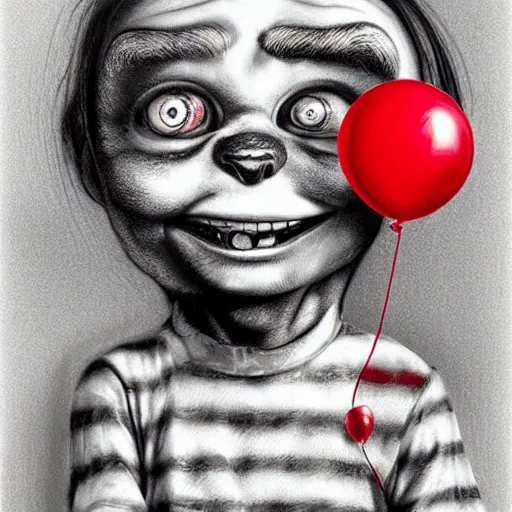 Prompt: surrealism grunge cartoon portrait sketch of a flower with a wide smile and a red balloon by - michael karcz, loony toons style, chucky style, horror theme, detailed, elegant, intricate