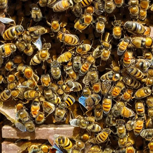 Prompt: inside of the bee hive, the world of bees, queen bee, worker bees