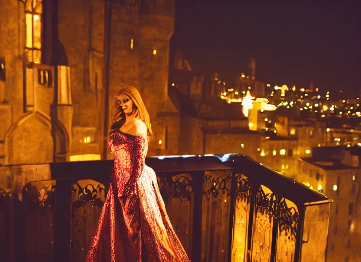 Image similar to a beautiful queen stands on a balcony overlooking a fantasy medieval gothic city at night, glow rays, 3 5 mm photography