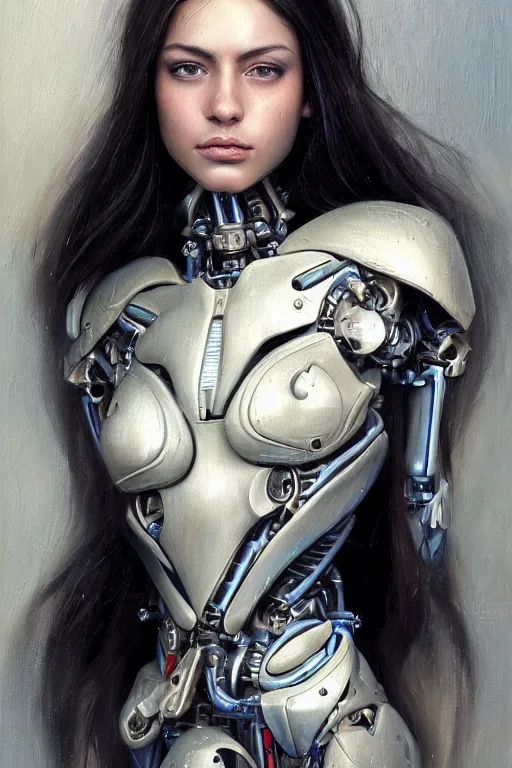 Image similar to a photorealistically painted portrait of an attractive young girl, partially clothed in cybernetic body armor, with an abstractly painted background, flawless olive skin, fair complexion, long dark hair, beautiful bone structure, perfectly symmetric facial features, perfect photorealistic eyes, natural physique, intricate, elegant, digital painting, concept art, finely detailed, beautifully illustrated, sharp focus, minimal artifacts, volumetric lighting, from Metal Gear, by Ruan Jia and Mandy Jurgens and Artgerm and William-Adolphe Bouguerea, in the style of Greg Rutkowski, trending on Artstation, award winning art