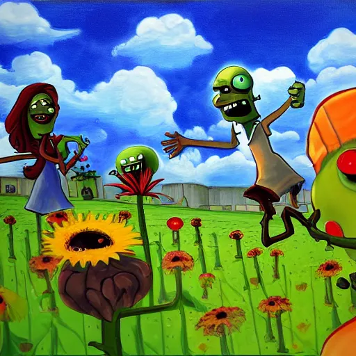 Prompt: landscape painting of love by plants vs zombies