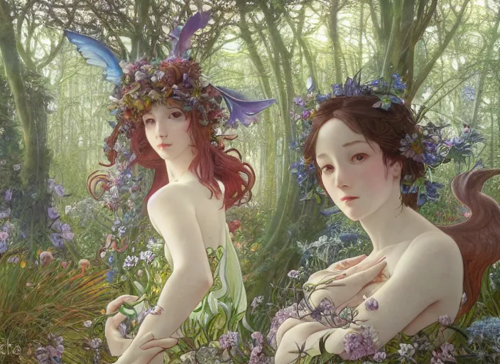 Image similar to desktop background, beautiful fantasy forest, magical creatures, path traced, highly detailed, high quality, digital painting, by studio ghibli and alphonse mucha, leesha hannigan, hidari, art nouveau, chiho aoshima, jules bastien - lepage