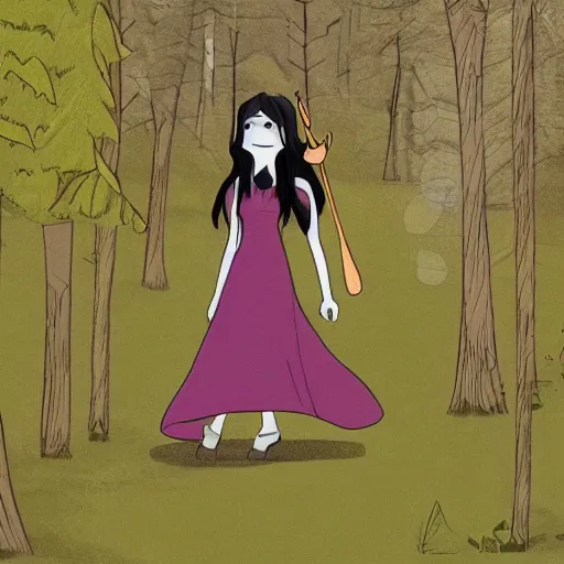 Image similar to marceline the vampire queen walking in the woods, detailed matte art