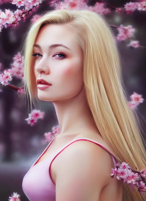 Image similar to photo of a gorgeous blonde female in the style of stefan kostic, realistic, half body shot, sharp focus, 8 k high definition, insanely detailed, intricate, elegant, art by stanley lau and artgerm, extreme blur cherry blossoms background