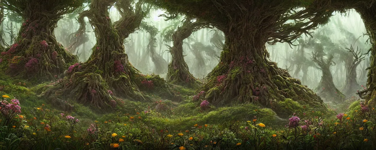 Image similar to an intricate concept art of a fantasy forest, large trees, wild flowers, fluffy creatures, art by ian mcrue, highly detailed