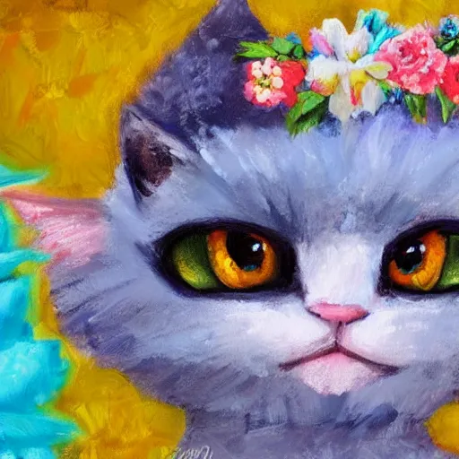 Prompt: anthromorphic fluffy bicolor rag doll cat dressed in princess dress with flower crown, detailed 4 k oil painting