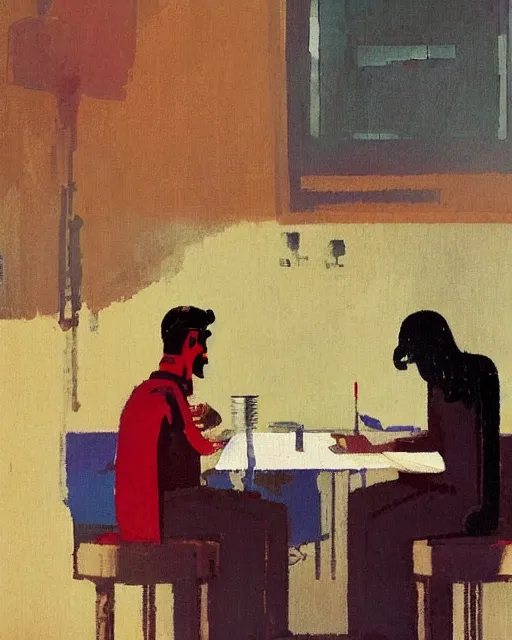 Image similar to a man and a woman sitting at a table, a screenshot roman muradov and paul lehr and dan mumford, trending on pinterest, barbizon school, movie still, hall of mirrors, filmic