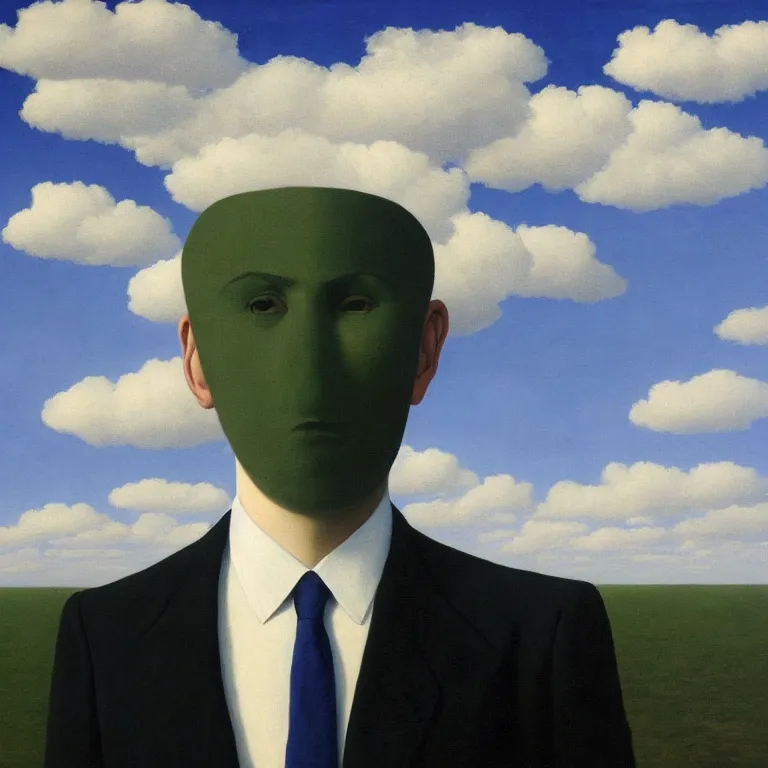 Image similar to portrait of a faceless shadow - head man in a suit, clouds in the background, by rene magritte, detailed painting, distance, centered, hd, hq, high resolution, high detail, 4 k, 8 k