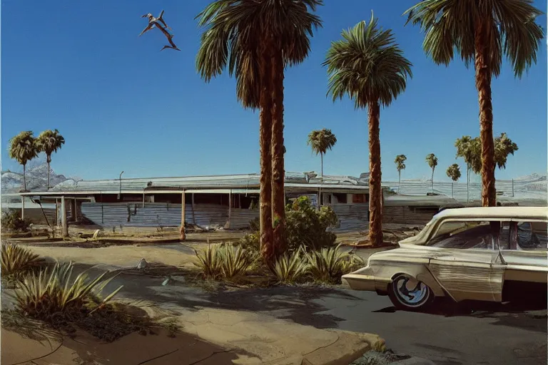 Prompt: natural american landscape | abandoned motel | palm trees | snowy mountains, painting by syd mead and weta studio and moebius and james jean and frank frazetta, highly detailed, rule of third, soft lighting, 8 k resolution, oil on canvas, architectural magazine, beautiful detailed, insanely intricate details, artstation trending, hypermaximalistic, high details, cinematic