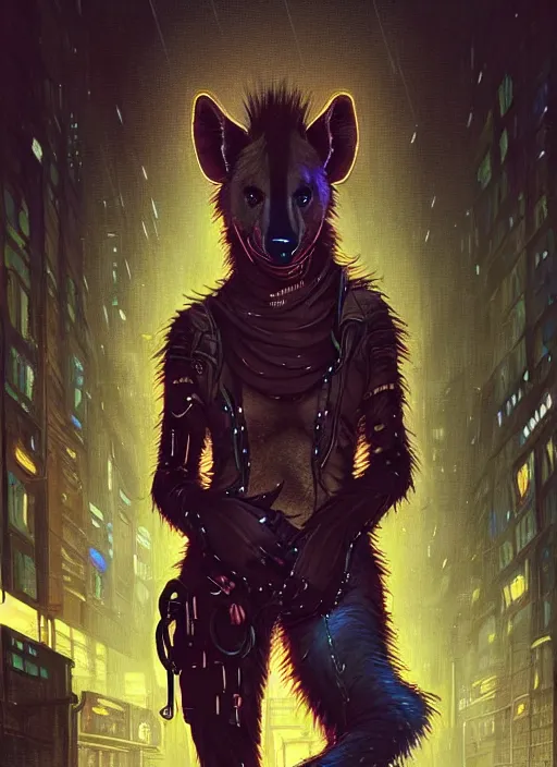 Prompt: beautiful full-body portrait commission of a (female furry anthro spotted hyena fursona wearing jedi robes) (in a cyberpunk city at night in the rain). Neon light. Atmospheric. Renowned character illustration by greg rutkowski, thomas kindkade, alphonse mucha, loish, norman rockwell. detailed, dungeons and dragons character art