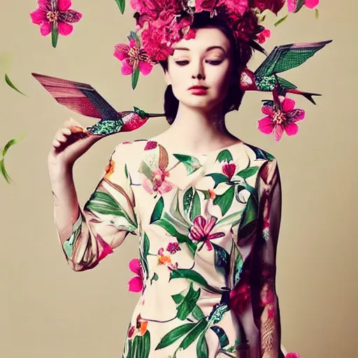 Image similar to a beautiful girl wearing an origami dress eye - level medium shot, fine floral ornaments in cloth and hair, hummingbirds, elegant, by eiko