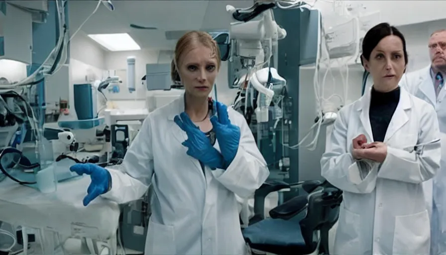 Image similar to big budget horror movie about cyborgs performing illegal organ transplants while a beautiful female scientist watches in horror