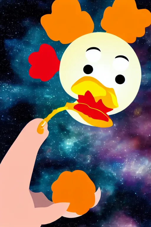 Image similar to A flower with a mouth eating a chicken nugget in space