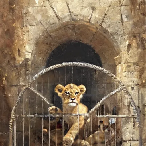 Image similar to adorable lion cub in a cage on a medieval fantasy market, oil painting, by greg rutkowski