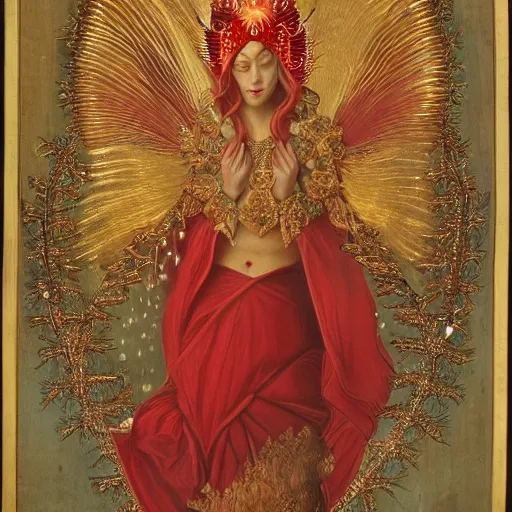 Prompt: portrait raining burning saint, ornate headdress, halo, craving filigree carved out of ivory about golden vines and spines, draped with red hybiscus, flowing robes, intricate insanely detailed