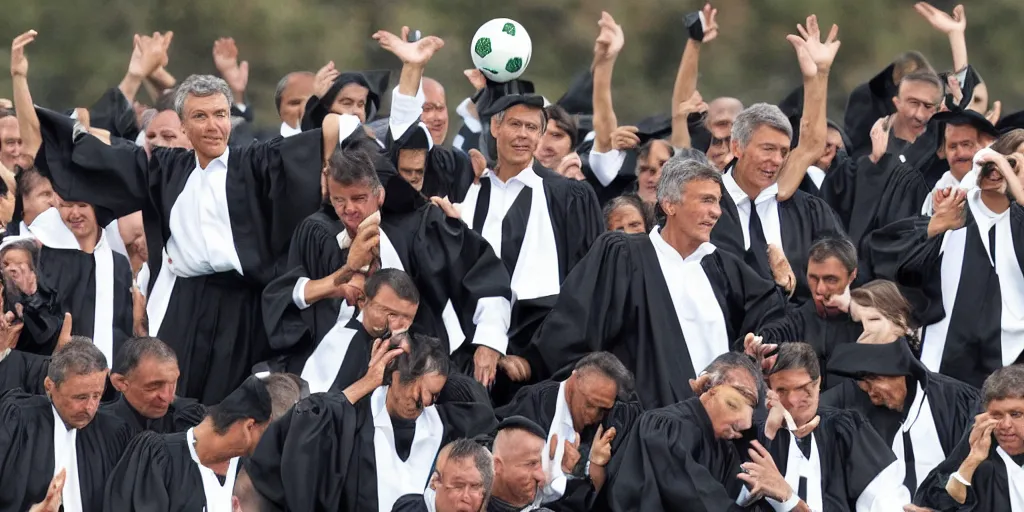 Image similar to Mauricio Macri and judges in black robes playing football