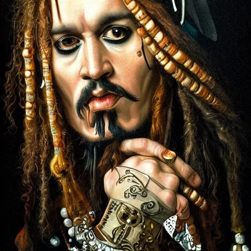 Prompt: Detailed maximalist portrait, exasperated expression, jack sparrow, highly detailed and intricate, surreal illustration in the style of Caravaggio, dark art, baroque,