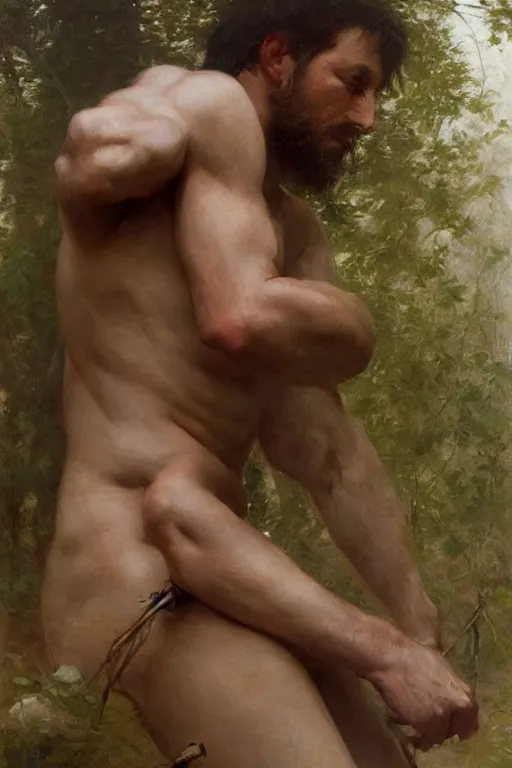 Prompt: Male primal hunter by Alyssa Monks, Bouguereau. full-shot, hyper realism, realistic proportions, dramatic lighting, high detail 4k