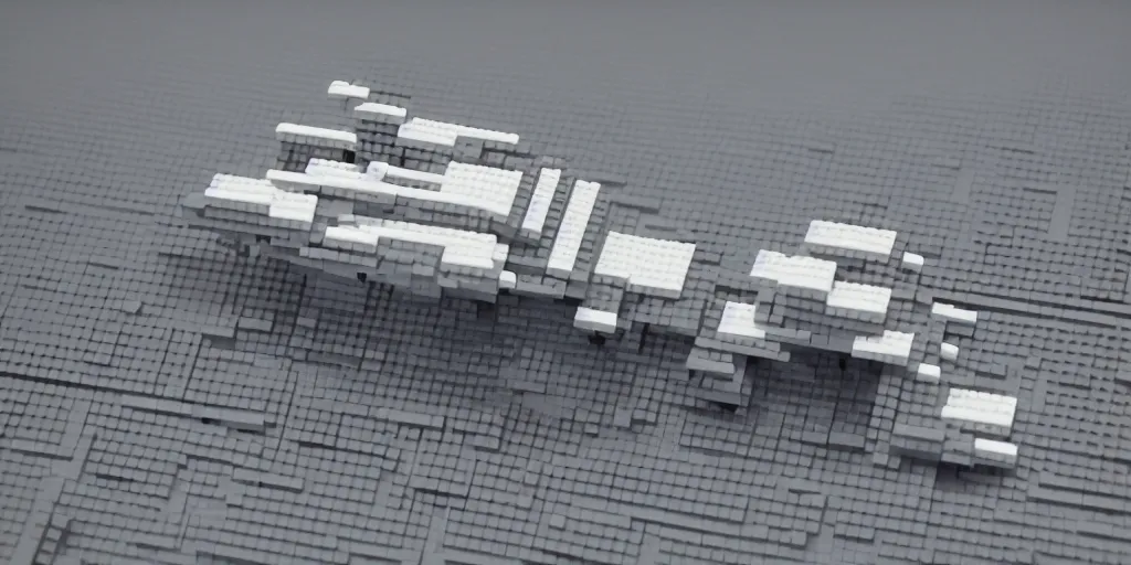 Image similar to gigantic spaceship made with grey legobricks, flying in the galaxy