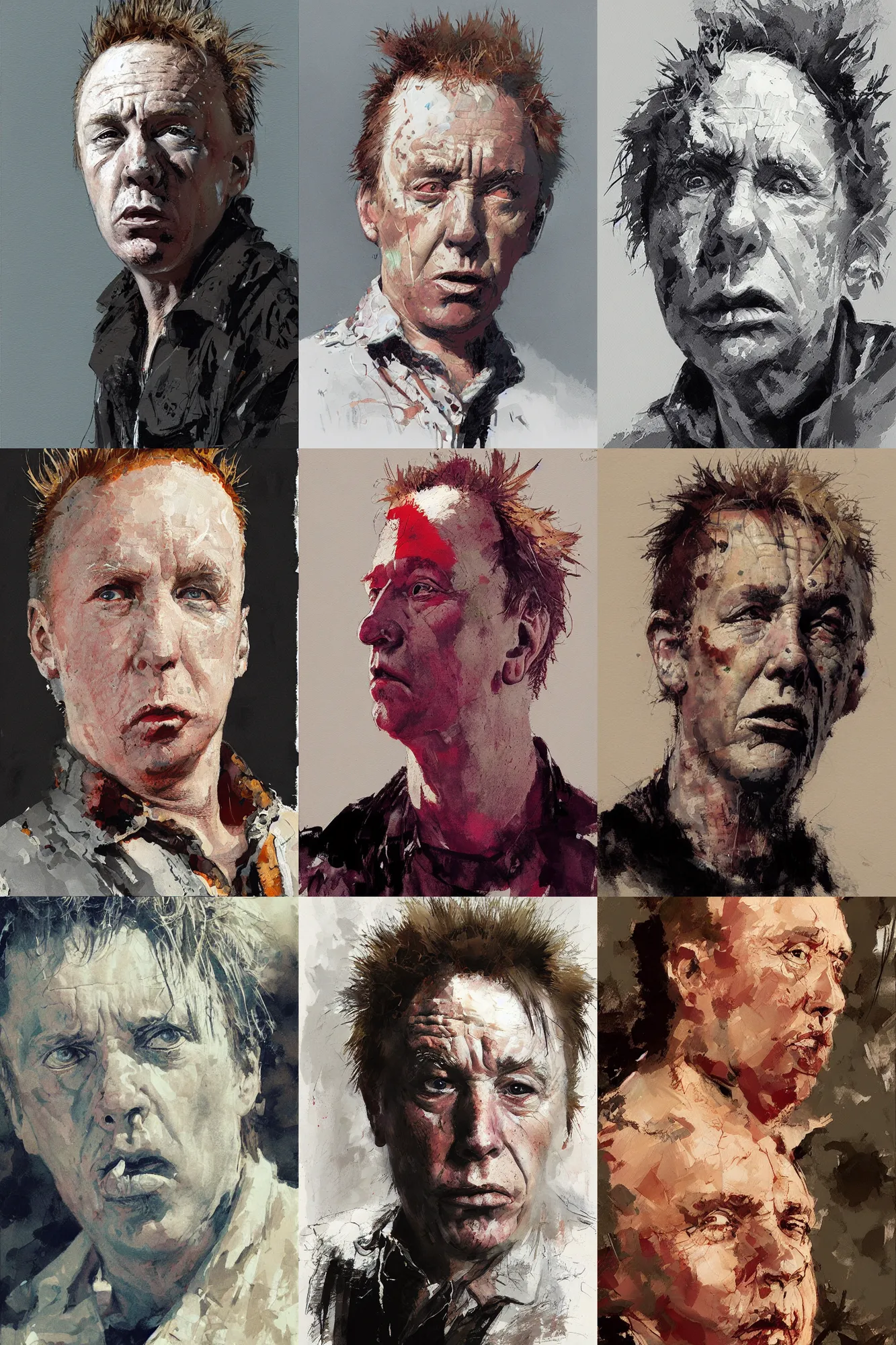 Prompt: dramatic head shoulder portrait of Johnny Rotten, by Craig Mullins, by Mattias Adolfsson, painting,