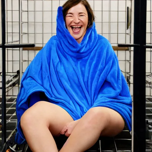 Image similar to Ghislane Maxwell wearing a blue Snuggie, sitting in a jail cell, she is laughing