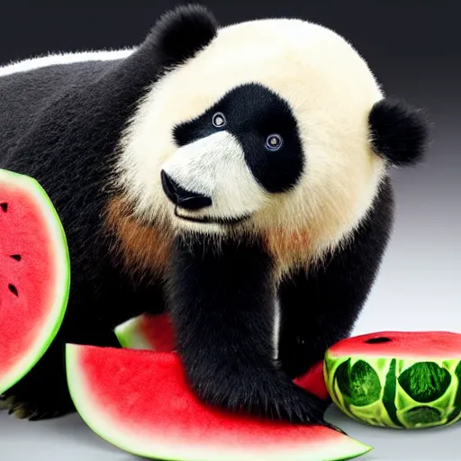 Image similar to watermelon carved to reveal a panda. the green watermelon rind defines its feet. the red flesh of the watermelon forms its body.