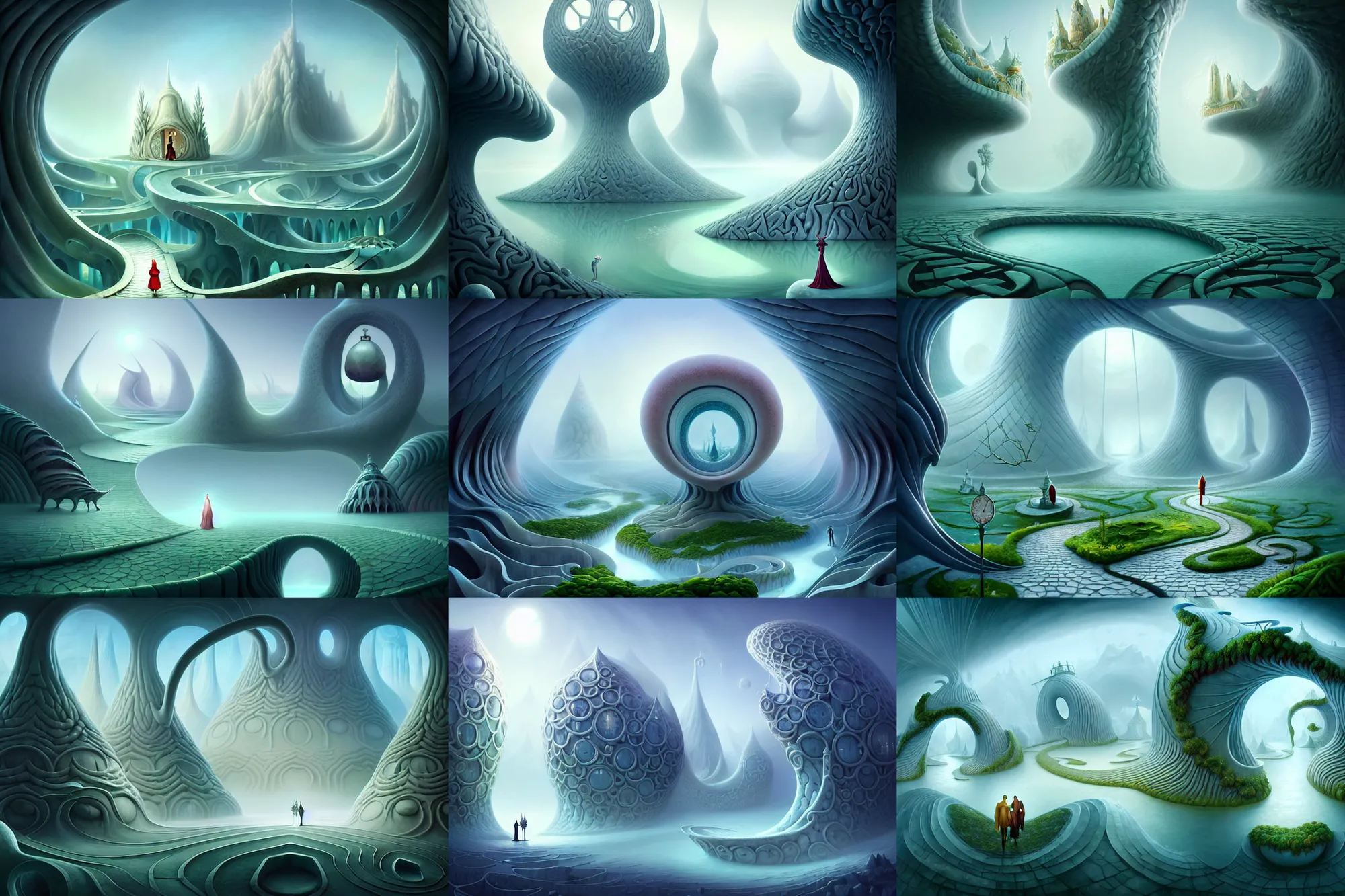 Prompt: a beguiling fantasy matte painting of an impossible path winding through arctic dream worlds with surreal architecture designed by heironymous bosch, structures inspired by heironymous bosch's garden of earthly delights, surreal ice interiors by cyril rolando and asher durand and natalie shau, insanely detailed, whimsical, intricate, sharp focus