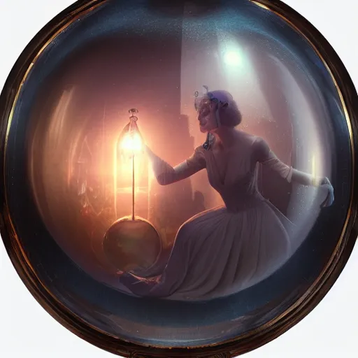 Prompt: By Tom Bagshaw, ultra realist octane render of a floating transparent glass sphere, filled with a dark curiosities carnival scene mixed with a beautiful gothic queen dressed, reflection and refraction, gods ray, symmetry accurate features, very intricate details, volumetric light, artstation