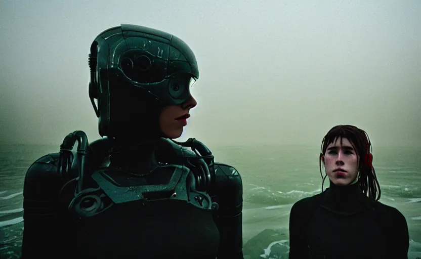 Prompt: cinestill 5 0 d candid photographic portrait by helen levitt of two loving female androids wearing rugged black mesh techwear in treacherous waters, extreme closeup, modern cyberpunk moody emotional cinematic, dust storm, 8 k, hd, high resolution, 3 5 mm, f / 3 2, ultra realistic faces, ex machina